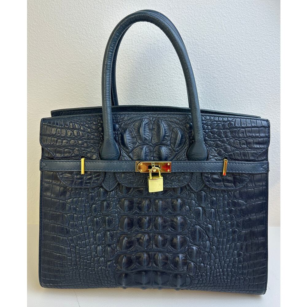 PIJUSHI Dark Blue Crocodile-Embossed Leather Satchel Bag with Gold Hardware